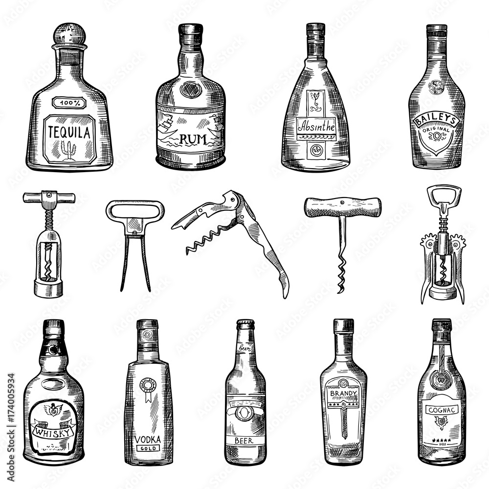 Canvas Prints illustrations of corkscrew and different wine bottles
