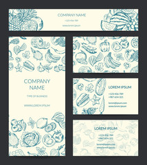 Vector identity banner, brochure, business card templates set with doodle sketched fruits and vegetables