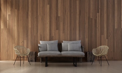 The interior design of minimal living room and wood wall texture / 3d rendering new scene