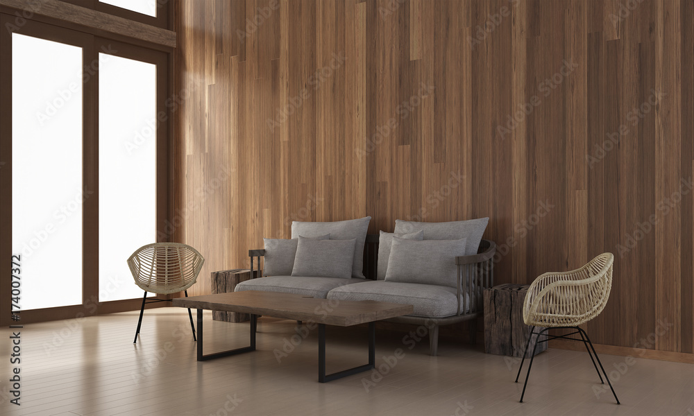 Wall mural the interior design of living room and wood wall texture / 3d rendering new scene