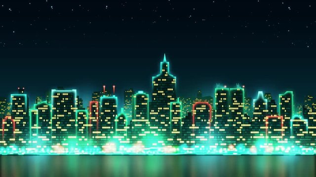 City night skyline with bright lights and animated windows on the background of the starry sky, seamless loop
