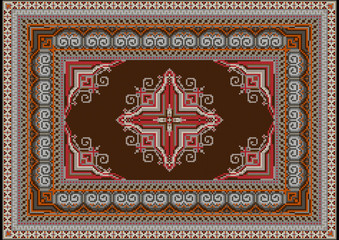 tLuxurious ethnic carpet with an ornament on dark brown in the middle and pattern with red and grey shades along the edges
