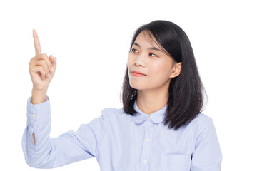 Portrait of a beautiful  asian business woman smiling and pointed the finger to left side. Isolated on white background