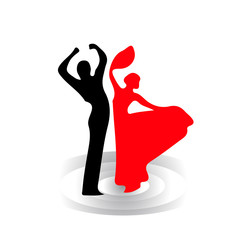 Fototapeta premium Dance silhouette, man and woman, red and black, on white background.