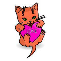 Cute orange kitten, heart in paws (love), cartoon on white background.