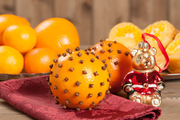Pomander Oranges With Clove And Spices. Christmas Tree Bear Toy.