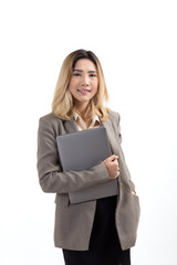 Obraz premium portrait asian young business woman holding a notebook on white background