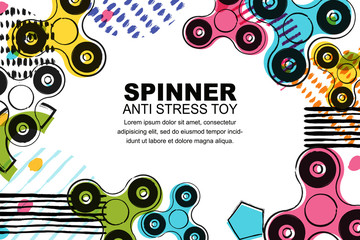 Vector banner or poster with doodle fidget hand spinner illustration and abstract geometric shapes. Multicolor spinner anti stress toy on white background, copy space for text.
