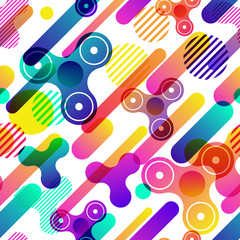 Abstract dynamic vector seamless pattern. Colorful fidget hand spinner symbol and motion geometric shapes, overlapping background. Spinner anti stress toy design concept.