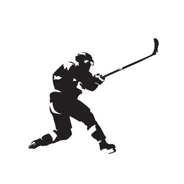 Ice hockey player skating and shooting, isolated vector silhouette