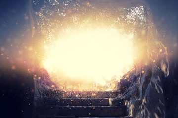 Abstract and surrealistic image of cave with light. revelation and open the door, Holy Bible story...