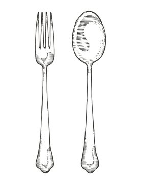 fork and spoon vector sketch. cutlery hand drawing isolated