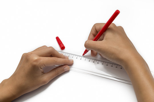 Hands Drawing A Line Using Ruler, Isolated On White Background - Powered by Adobe