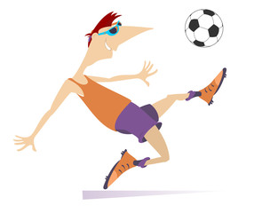 Smiling young man playing football isolated. Cartoon football player kicks a ball

