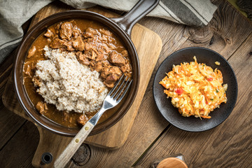 Barley groats with stewed meat.