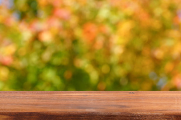 Naklejka na ściany i meble Empty wooden table on the background of autumn trees. Bright autumn colors in the garden. Free place for creativity.