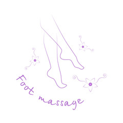 Foot massage logo. Foot massage stamp. Silhouette of legs and vanilla flowers. Reflexology. Stock vector. Flat design.