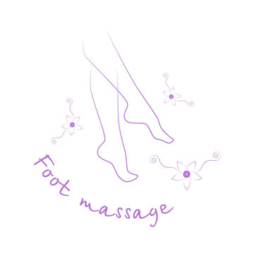 Foot massage logo. Foot massage stamp. Silhouette of legs and vanilla flowers. Reflexology. Stock vector. Flat design.