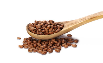 Colorful beans in wooden spoon isolated on a white background, 