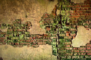 Brick wall with peeling plaster
