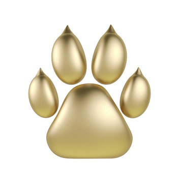 Golden paw print logotype or icon isolated on white background. Dog paw footprint logo 3d rendering. Year of Dog