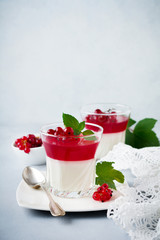 Panna cotta with red currant jelly in vintage glasswith leaves of mint and berries on gray stone or concrete background. Traditional Italian dessert. Selective focus.