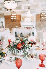 wedding table decor newlyweds, details with blurred background