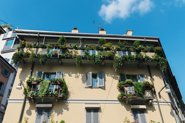 Facade in Milan, Italy with vines and plants on a sunny day