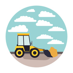 bulldozer in circular frame with cloud landscape on colorful silhouette