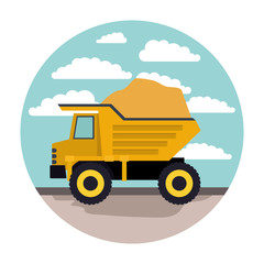 Naklejka premium dump truck in circular frame with cloud landscape on colorful silhouette