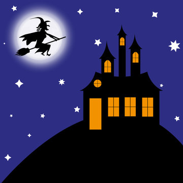 witch on a broomstick flies to the castle