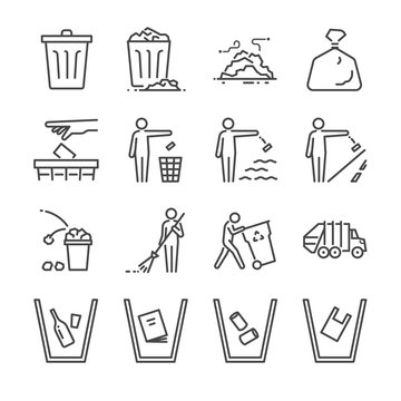 Trash line icon set. Included the icons as garbage, dump, refuse, bin, sweep, litter and more.