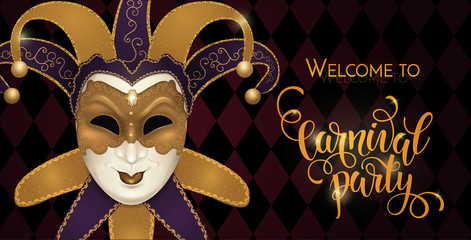 Gold carnival mask with shiny texture. Carnival hand drawn lettering. Invitation card template. Vector illustration EPS10.