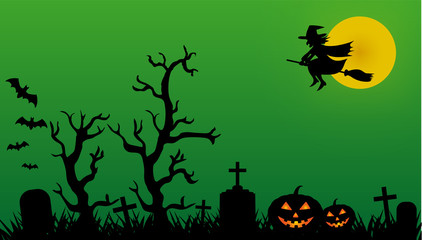 Notte di halloween - cimitero con strega, pipistrelli e zucche