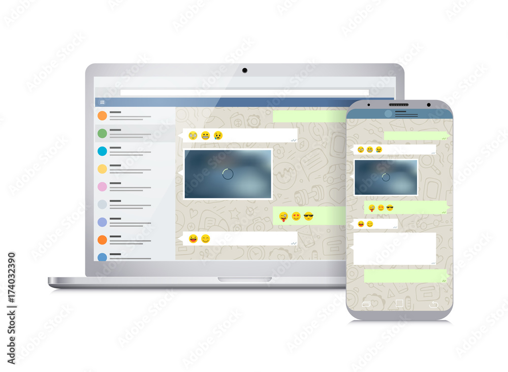 Poster vector smartphone and laptop with messenger application on the screen. social network concept