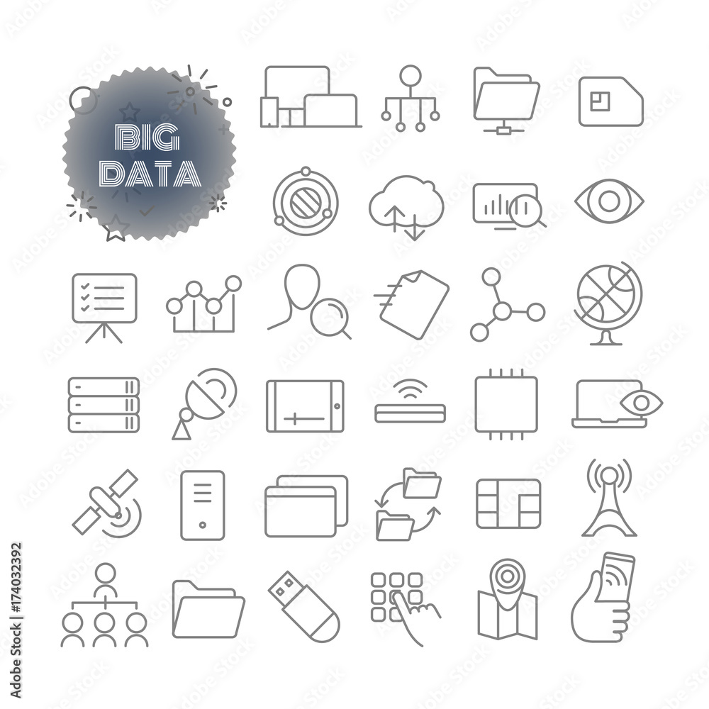 Poster Big data. Outline icon set. Vector pictogram set