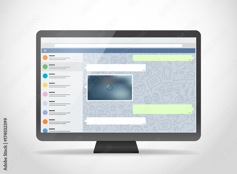 Poster Modern computer with messenger application on the screen. Photoreal mockup. Template for a content