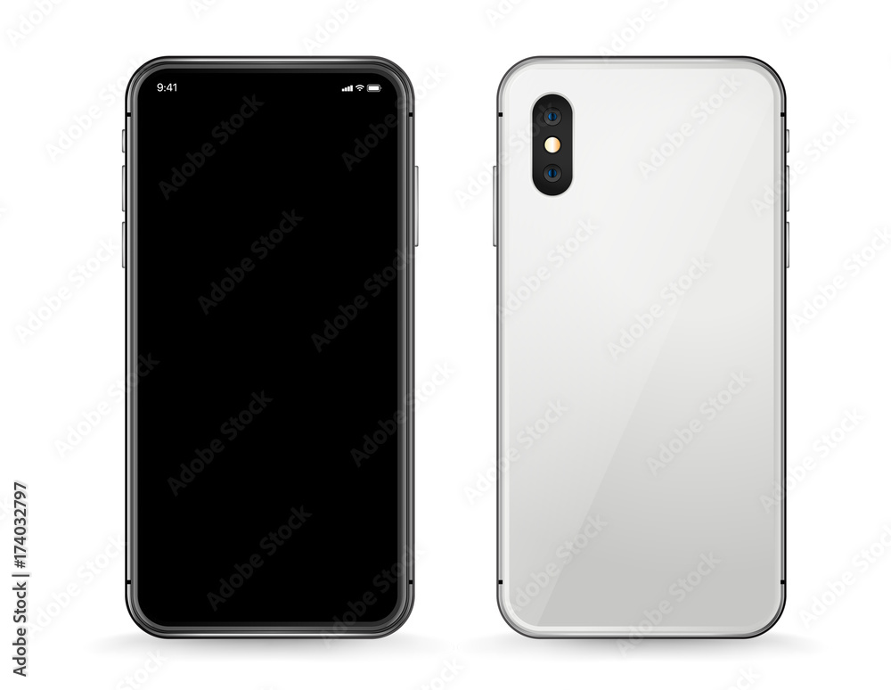 Poster modern smartphone vector mockup. front and back view