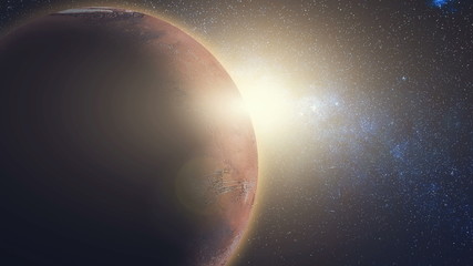 Fototapeta na wymiar Sunrise view from space: Mars in sun beams. Red Planet close up with black universe of stars. High detail 3D Render animation. Abstract scientific background. Elements of this image furnished by NASA