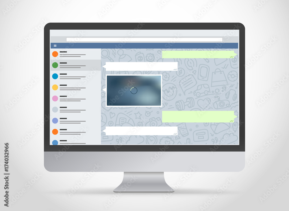 Poster Modern computer with messenger application on the screen. Photoreal mockup. Template for a content