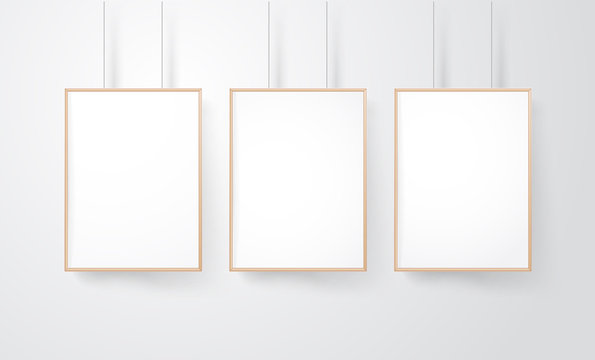 Blank wood frames group on the wall vector mockup