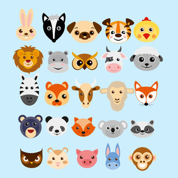 Vector illustration set of cute cartoon animals heads in flat style.