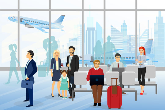 Vector illustration of men and wemen, children in airport, business people sitting and walking in airport terminal, business travel concept with plane on background. Flat style design.