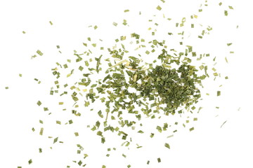 Dry chive pile isolated on white background, top view