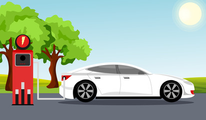 Electric car flat infographic concept. White color electric car on charging station, green tree, sun, blue sky background.Vector illustration in flat cartoon style.