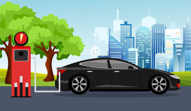 Vector illustration of black electric car and charging station green tree, sun, blue sky background. Vector Electric car infographic concept.
