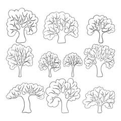 Beautiful black and white set of hand drawn doodle trees Isolated sketch for design background greeting cards and invitation to the wedding, birthday, mother s day and other seasonal autumn holidays