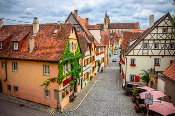 Beautiful streets in Rothenburg ob der Tauber with traditional German houses, Bavaria, Germany