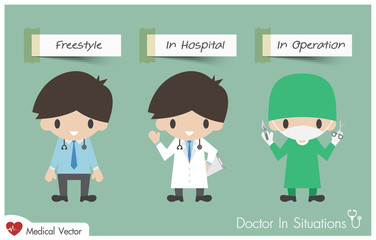 Doctor in situations . ( freestyle , in hospital and operating room ) . Vector