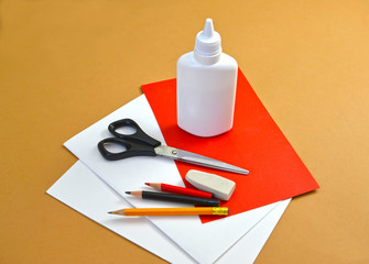 Production of a gift card Valentine's Day card with pigeons. Step-by-step process: initial materials